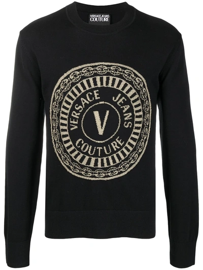 Shop Versace Jeans Couture Metallic Logo Knit Sweatshirt In Black
