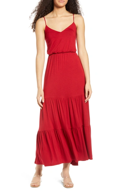 Shop All In Favor Tiered Cami Maxi Dress In Tango Red