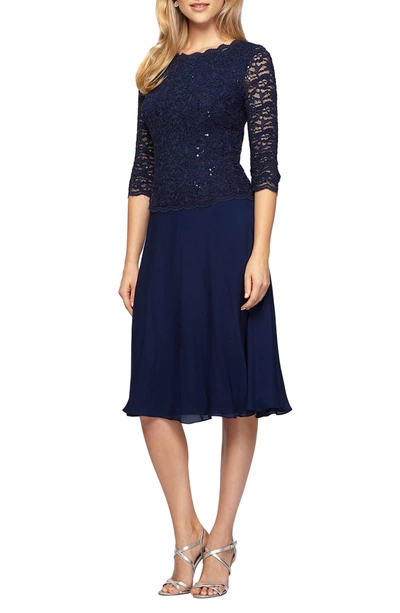 Shop Alex Evenings Mock Two-piece Tea Length Dress In Navy