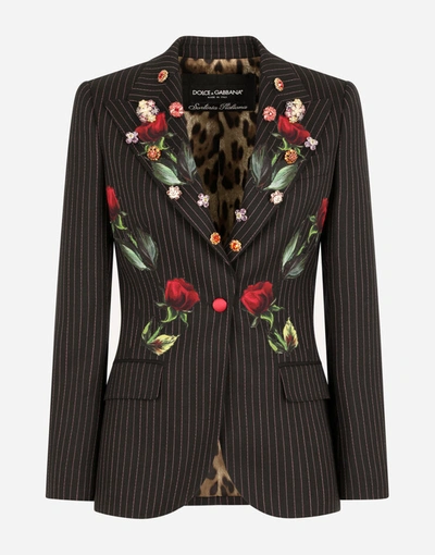 Shop Dolce & Gabbana Pinstripe Blazer With Rose Appliqués