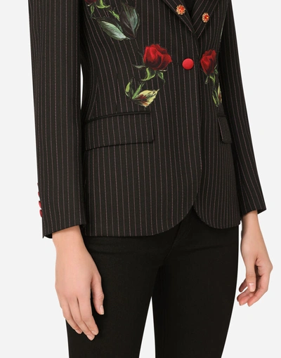 Shop Dolce & Gabbana Pinstripe Blazer With Rose Appliqués