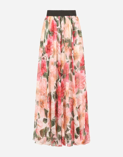 Shop Dolce & Gabbana Long Camellia-print Chiffon Skirt In Multicolor
