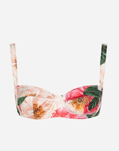 Shop Dolce & Gabbana Camellia-print Satin Balconette Bra In Multicolor