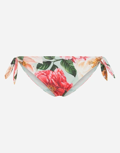 Shop Dolce & Gabbana Tie Bikini Bottoms With Camellia Print In Floral Print