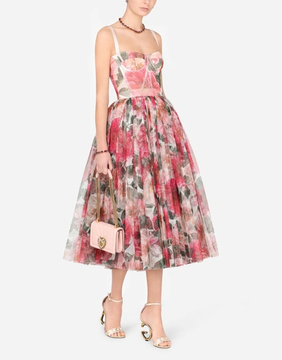 Shop Dolce & Gabbana 50s-style Midi Dress In Camellia-print Tulle In Multicolor