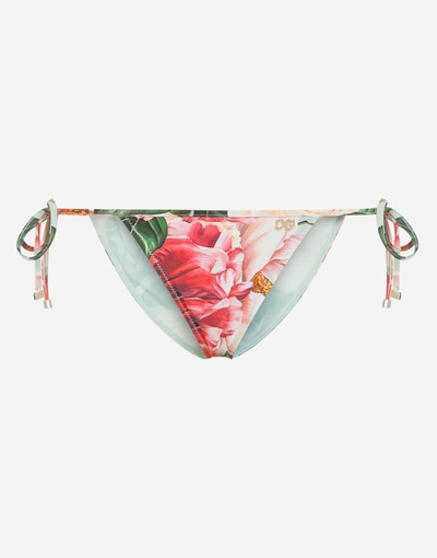 Shop Dolce & Gabbana String Bikini Bottoms With Camellia Print In Floral Print