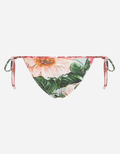 Shop Dolce & Gabbana String Bikini Bottoms With Camellia Print In Floral Print