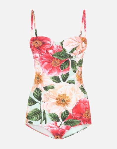 Shop Dolce & Gabbana Camellia-print Balconette One-piece Swimsuit