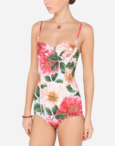 Shop Dolce & Gabbana Camellia-print Balconette One-piece Swimsuit