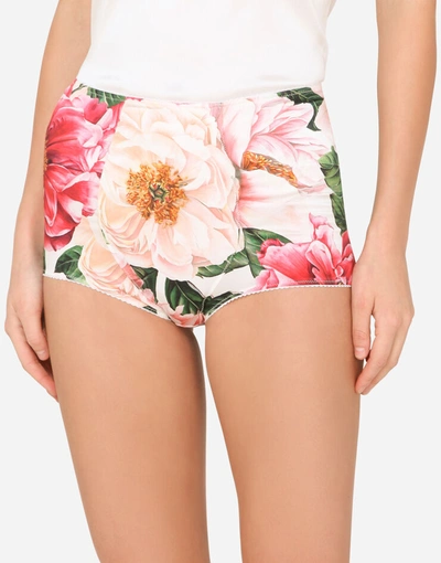 Shop Dolce & Gabbana Satin High-waisted Panties With Camellia Print In Multicolor