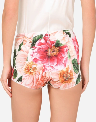 Shop Dolce & Gabbana Satin High-waisted Panties With Camellia Print In Multicolor