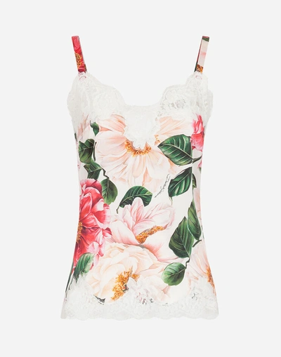 Shop Dolce & Gabbana Satin Lingerie Top With Lace And Camellia Print In Multicolor