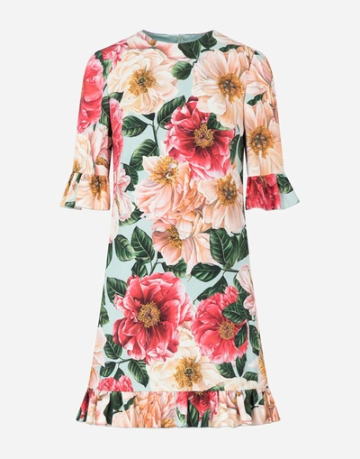 Shop Dolce & Gabbana Short Camellia-print Cady Dress With Ruffle Detailing In Floral Print
