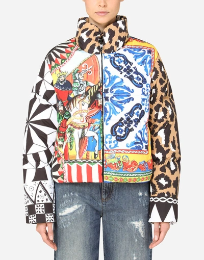 Shop Dolce & Gabbana Padded Nylon Jacket With Patchwork Print In Multicolor