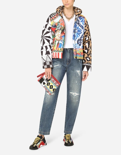 Shop Dolce & Gabbana Padded Nylon Jacket With Patchwork Print In Multicolor