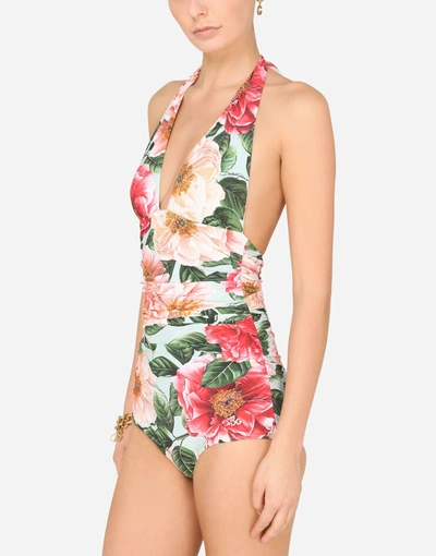 Shop Dolce & Gabbana Camellia-print One-piece Swimsuit With Plunging Neckline In Floral Print