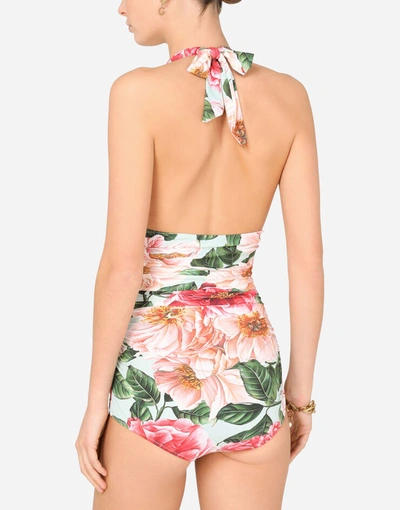 Shop Dolce & Gabbana Camellia-print One-piece Swimsuit With Plunging Neckline In Floral Print