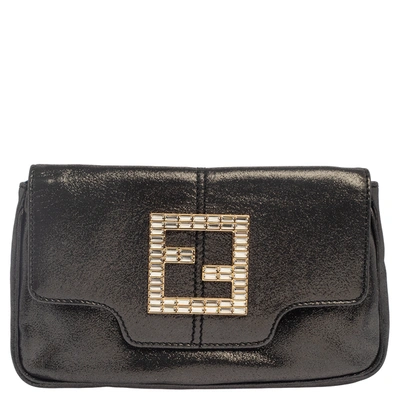 Pre-owned Fendi Grey Shimmer Leather Crystal Embellished Logo Flap Clutch