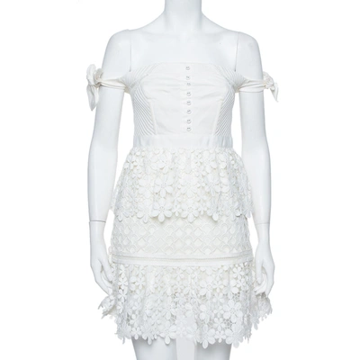 Pre-owned Self-portrait White Lace Tiered Off Shoulder Mini Dress M