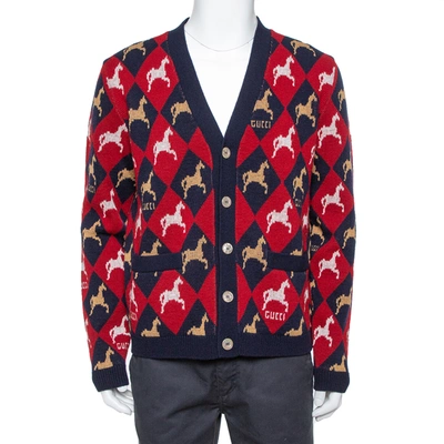 Pre-owned Gucci Multicolor Wool Equestrian Jacquard Cardigan L In Red