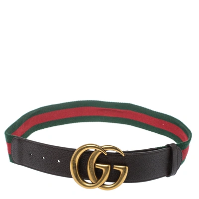 Pre-owned Gucci Brown Canvas And Leather Web Double G Buckle Belt 80 Cm