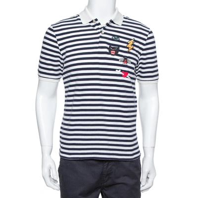 Pre-owned Gucci Navy Blue & White Striped Pique Knit Polo T Shirt L