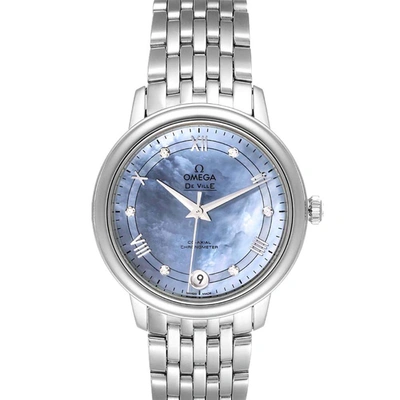 Pre-owned Omega Mop Diamonds Stainless Steel Deville Prestige 424.10.33.20.57.001 Women's Wristwatch 33 Mm In Blue