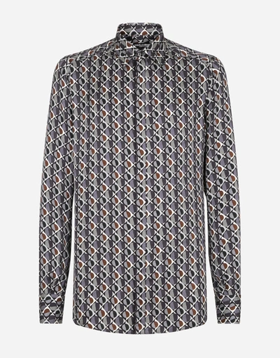 Shop Dolce & Gabbana Silk Gold-fit Shirt With Geometric Print In Multicolor