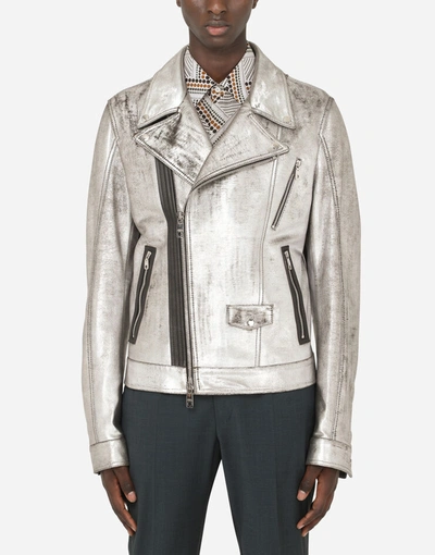 Shop Dolce & Gabbana Laminated Leather Jacket In Silver