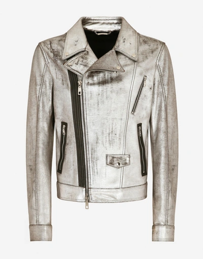 Shop Dolce & Gabbana Laminated Leather Jacket In Silver