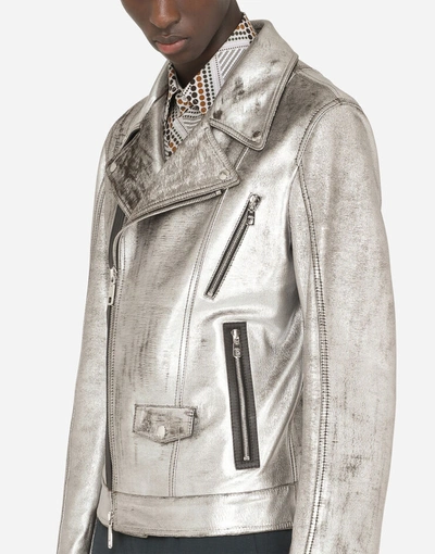 Shop Dolce & Gabbana Laminated Leather Jacket In Silver