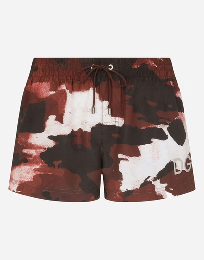 Shop Dolce & Gabbana Short Swim Trunks With Camouflage Print In Multicolor