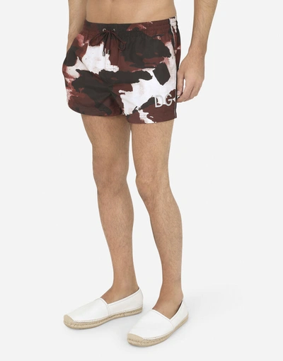 Shop Dolce & Gabbana Short Swim Trunks With Camouflage Print In Multicolor