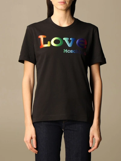 Shop Love Moschino Cotton T-shirt With Multicolor Logo In Black