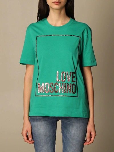 Shop Love Moschino Cotton T-shirt With Glitter Logo Print In Green