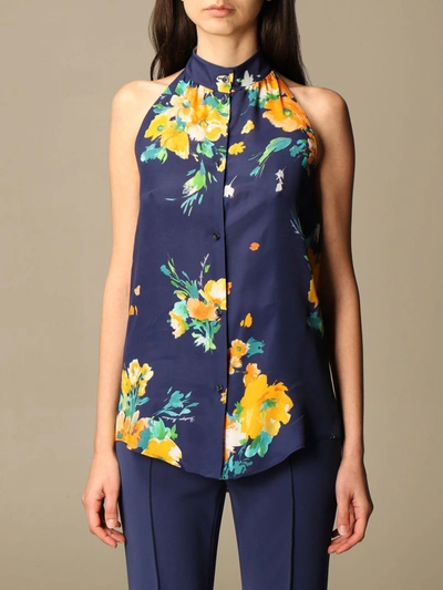 Shop Boutique Moschino Top Floral Patterned Silk Blend Shirt In Blue