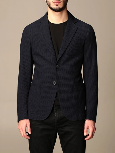 Shop Giorgio Armani Blazer  Herringbone Single-breasted Jacket In Blue