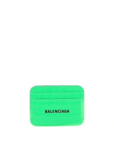Shop Balenciaga Croco Print Leather Card Holder In Neon Green