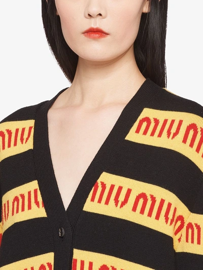 Shop Miu Miu Logo Striped V-neck Cardigan In Black