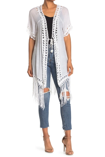 Forgotten Grace Mixed Media Fringe Trim Kimono In White
