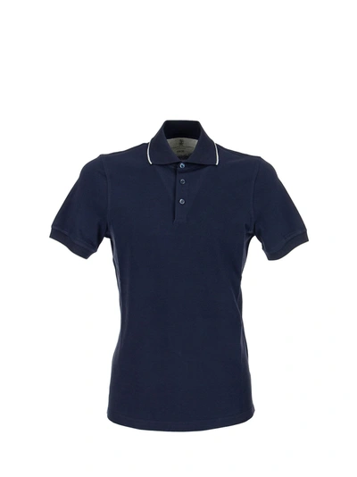 Shop Brunello Cucinelli Cotton Piqué Slim Fit Polo Shirt With Striped Knit Collar In Navy Blue
