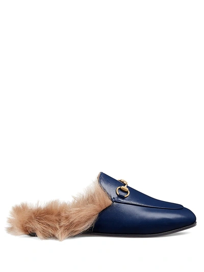 Shop Gucci Women's Princetown Leather Loafers With Fur In Navy