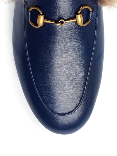 Shop Gucci Women's Princetown Leather Loafers With Fur In Navy