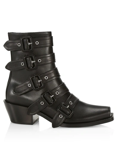 Shop Burberry Women's Buckled Leather Peep-toe Ankle Boots In Black