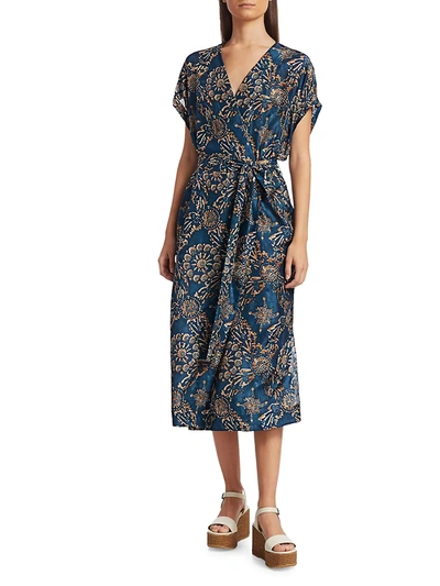 Shop Brunello Cucinelli Women's Floral Silk Wrap Dress In Teal