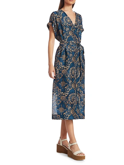 Shop Brunello Cucinelli Women's Floral Silk Wrap Dress In Teal