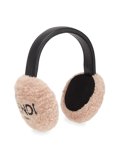 Shop Fendi Shearling Logo Earmuffs In Pink Black