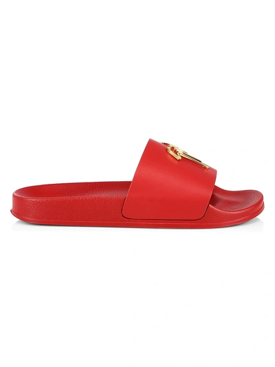 Shop Giuseppe Zanotti Men's Goldtone Logo Leather Slide Sandals In Red
