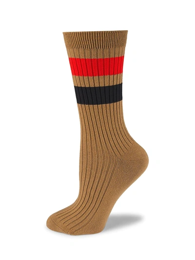 Shop Burberry Women's Graphic Stripe Ribbed Crew Socks In Warm Camel