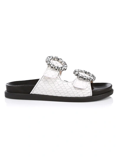 Shop Schutz Ariel Crystal-embellished Snakeskin-embossed Leather Slides In White